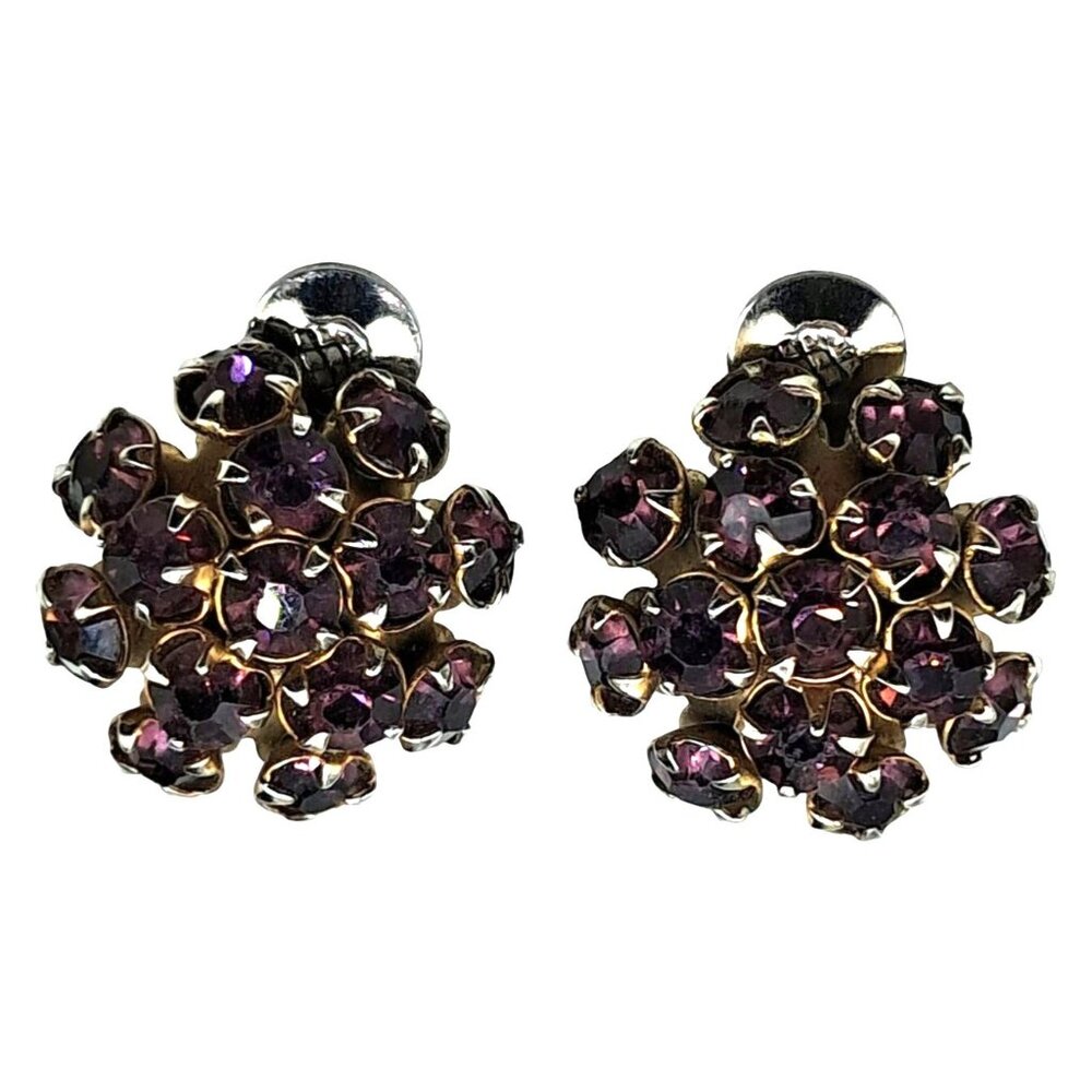Vintage Purple Rhinestone Earr Gold-Tone Clip-On Earrings With Purple Rhinestone